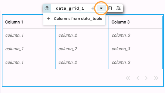 The object palette dropdown to add columns from a data table.