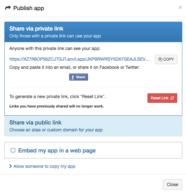 Publish App dialog showing private URL