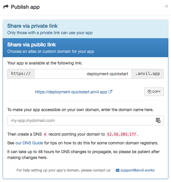 Publish App dialog showing public URL
