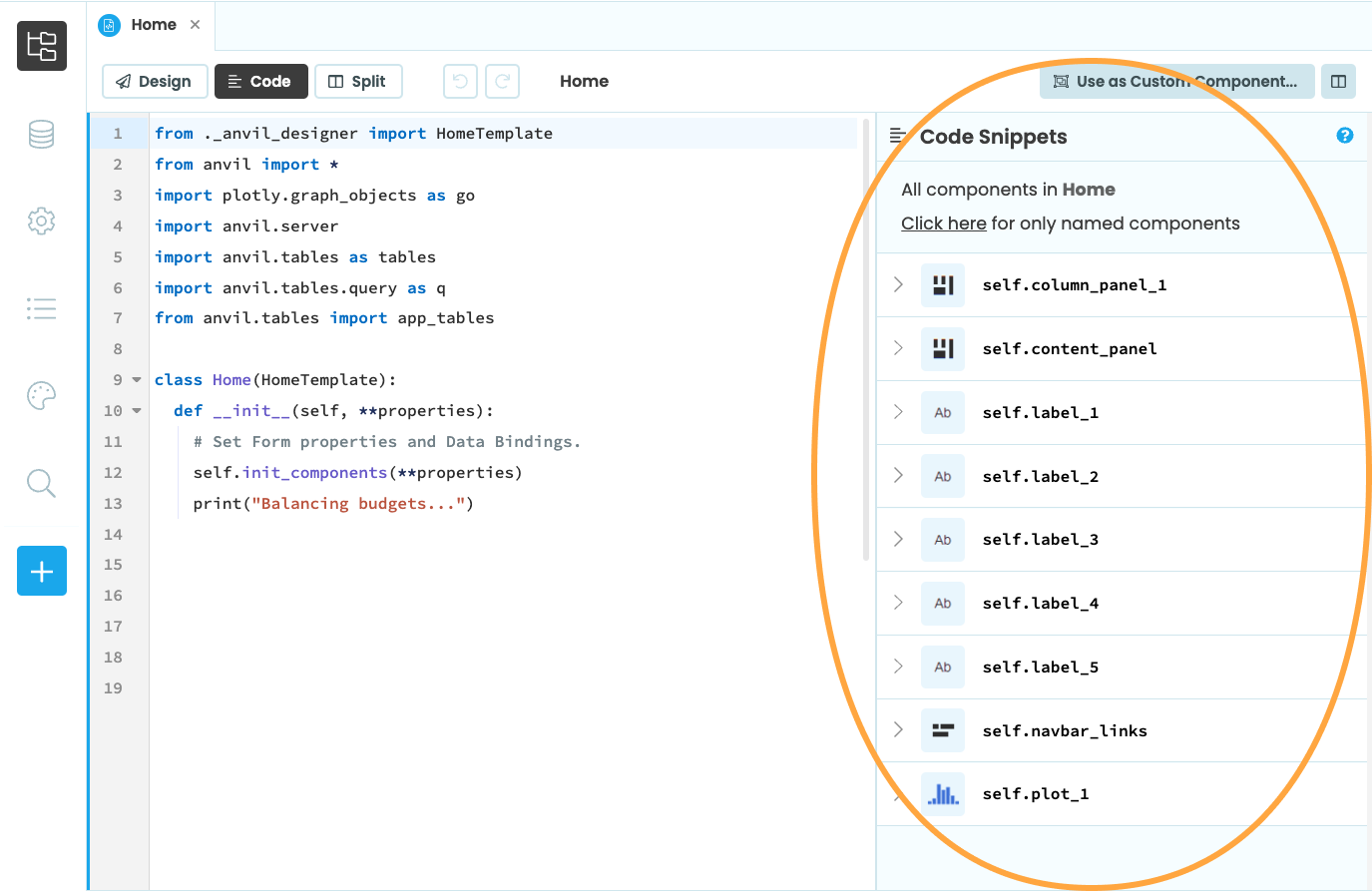 Code Snippets lists all the components in this Form.