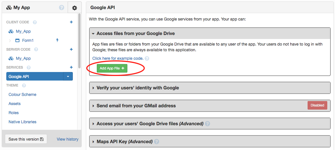 The Google API Service with the Add An App File button highlighted