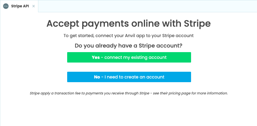 The Stripe Service with options to log in or create a Stripe account.