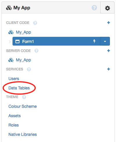 The App Browser with Data Tables circled.
