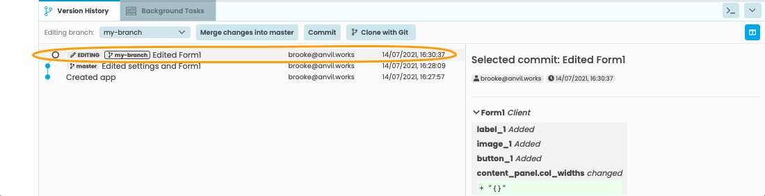 The Version Control panel with the top commit highlighted