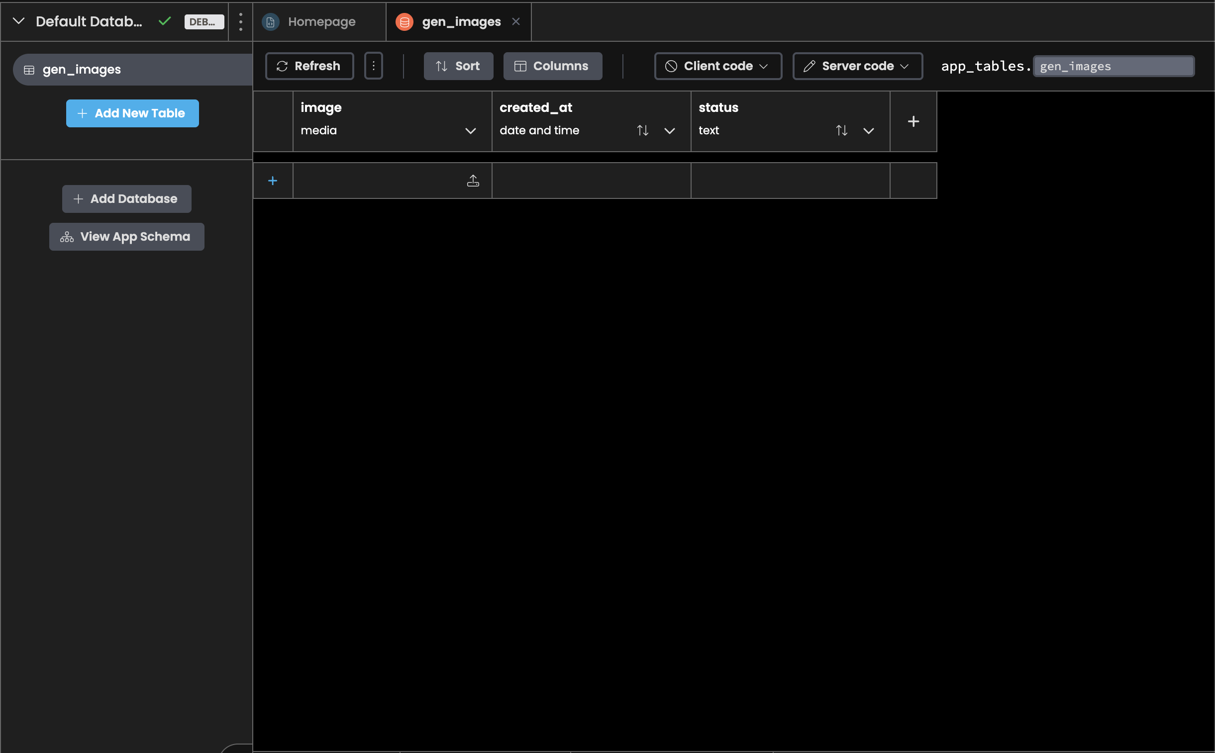 Data table in Anvil with columns for image storage, creation timestamp, and processing status