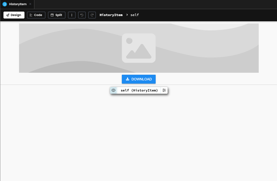 HistoryItem form with an image component displaying a previously generated LEGO mosaic and a download button