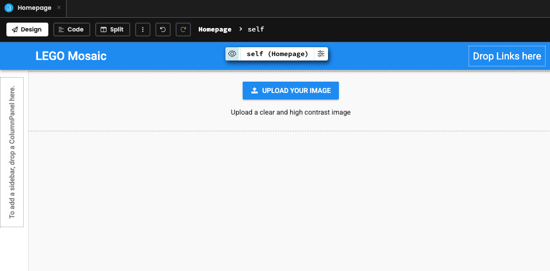 Completed Homepage UI in Anvil editor with headline, file loader component, and instructional label