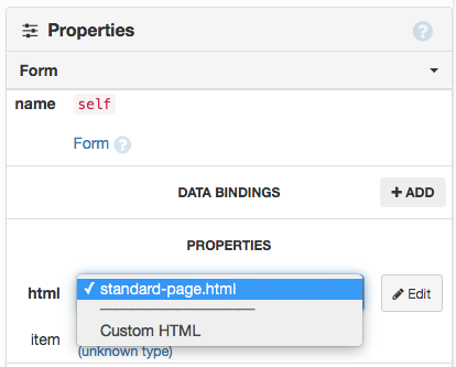 Selecting the HTML template of a Form using the Form&rsquo;s Properties Panel.