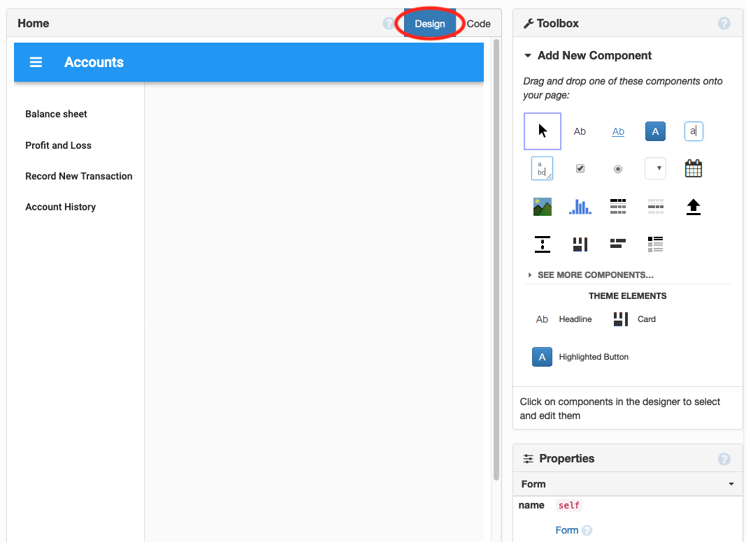 Design view of the Form Editor.