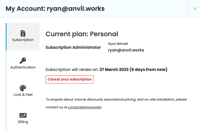 The Subscription tab with the option to cancel your subscription