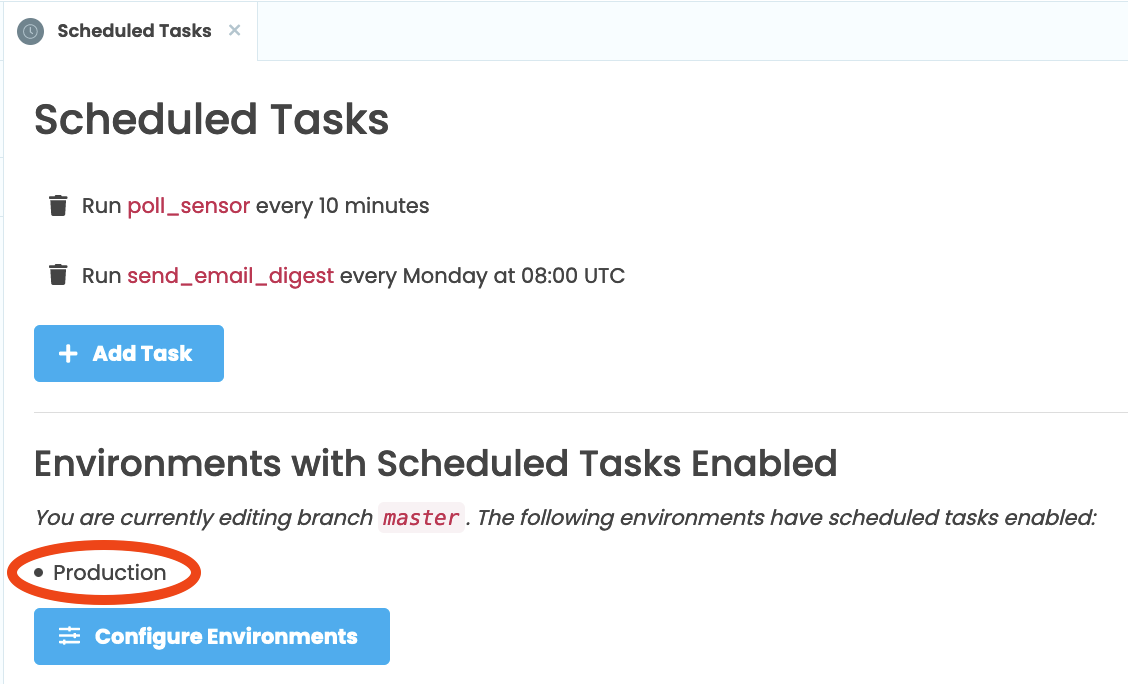 Scheduled Tasks tab with list of environments running Scheduled Tasks