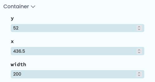 The Properties Panel showing container properties for a component inside an XYPanel.