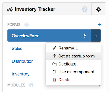 Some Forms in the App Browser; one called Overview has a lightning bolt next to it. The dropdown menu next to its name is open with 'Set as startup Form' highlighted