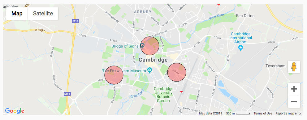 A GoogleMap showing Cambridge UK with three red translucent circles.