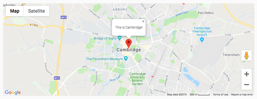 A GoogleMap showing Cambridge UK with a message saying 'This is Cambridge' marked at a particular location (roughly where the bus station is).