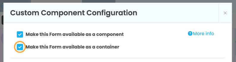 Location of the 'Make this Form a component' option in the Custom Component Configuration menu