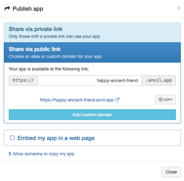 The Publish dialog with Publish Publicly selected. A human-readable URL is displayed.