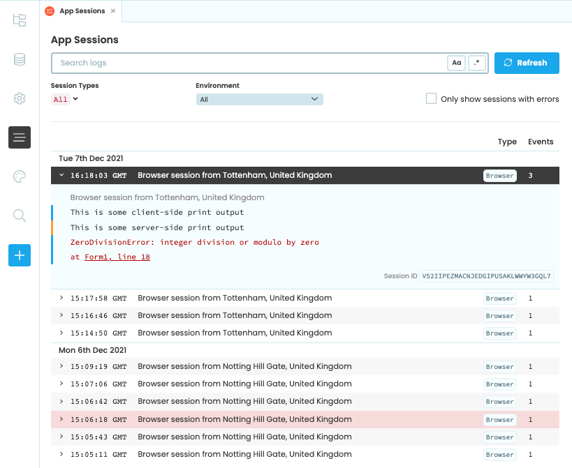 The App Logs dialog