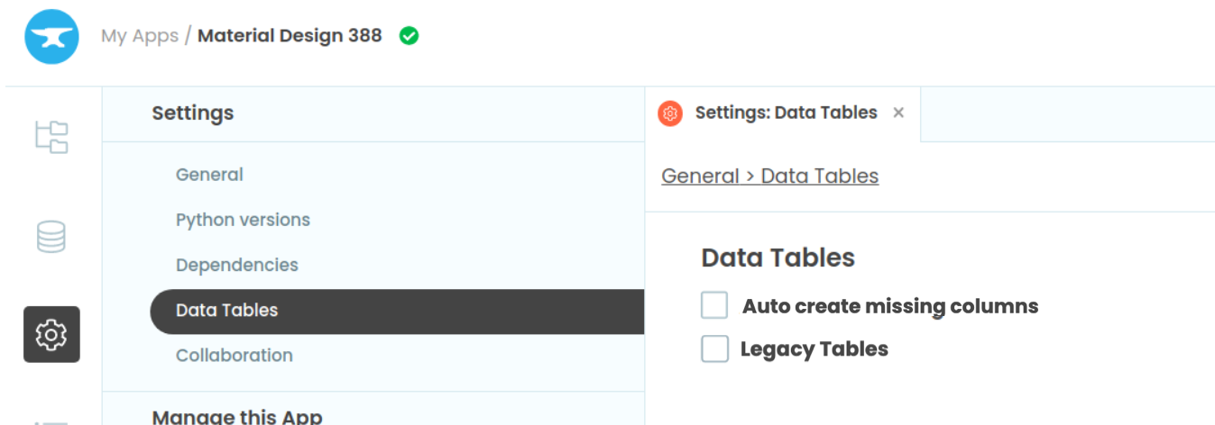 The Settings:Data Tables tab