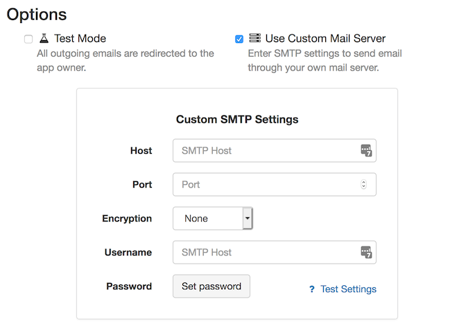 The Email Service view, showing a checked checkbox saying 'custom mail server' and a form where you can enter your SMTP server settings.