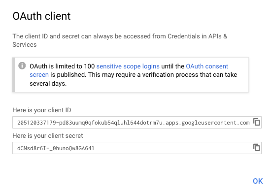 Google Developer Console modal stating that an OAuth client has been created and giving the client ID and secret.
