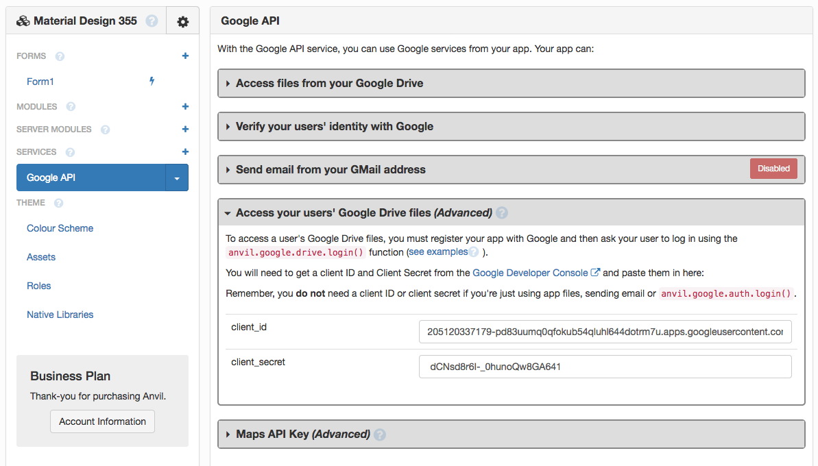 Google API Service view in Anvil showing the Client ID and Secret pasted in to the 'Access your users' Google Drive files' section.