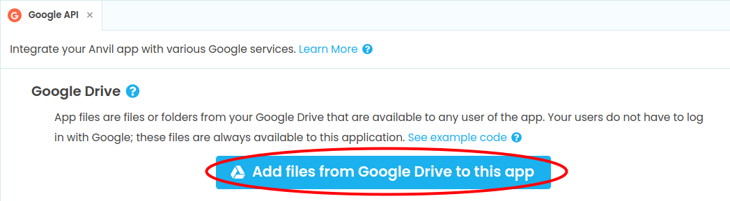 The Google API Service with the Add An App File button highlighted