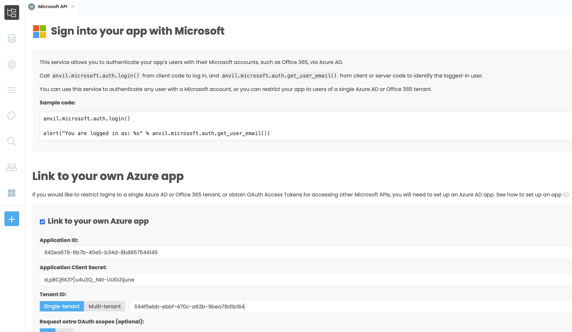Anvil's Microsoft API Service config view. There is a 'link to your own Azure App' checkbox, which is checked. There are boxed for Application ID, Application Client Secret, and Tenant ID. These have the relevant keys copied in from Azure.