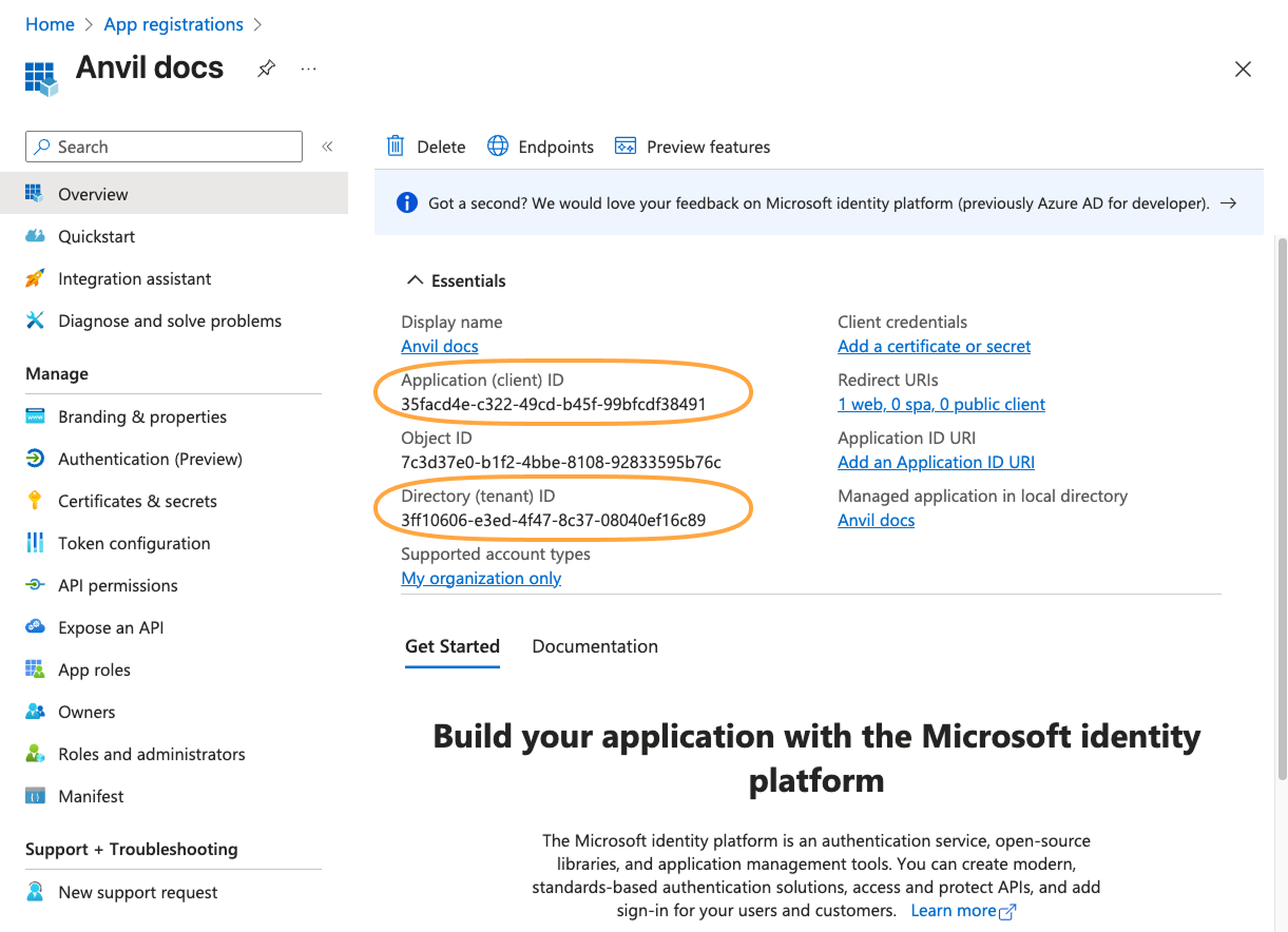 The app registration overview. There are two relevant GUIDs: one marked 'Application (client) ID', and another marked 'Directory (tenant) id'.