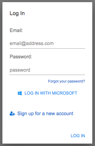 The Users Service login dialog with a Login With Microsoft link