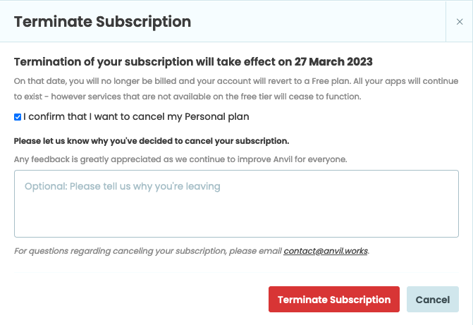 The terminate subscription screen