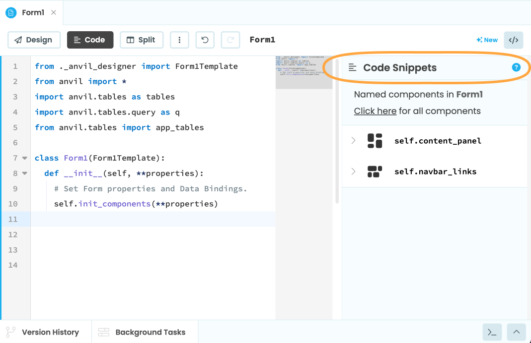 Click on a component in the code snippets panel to see a list of properties