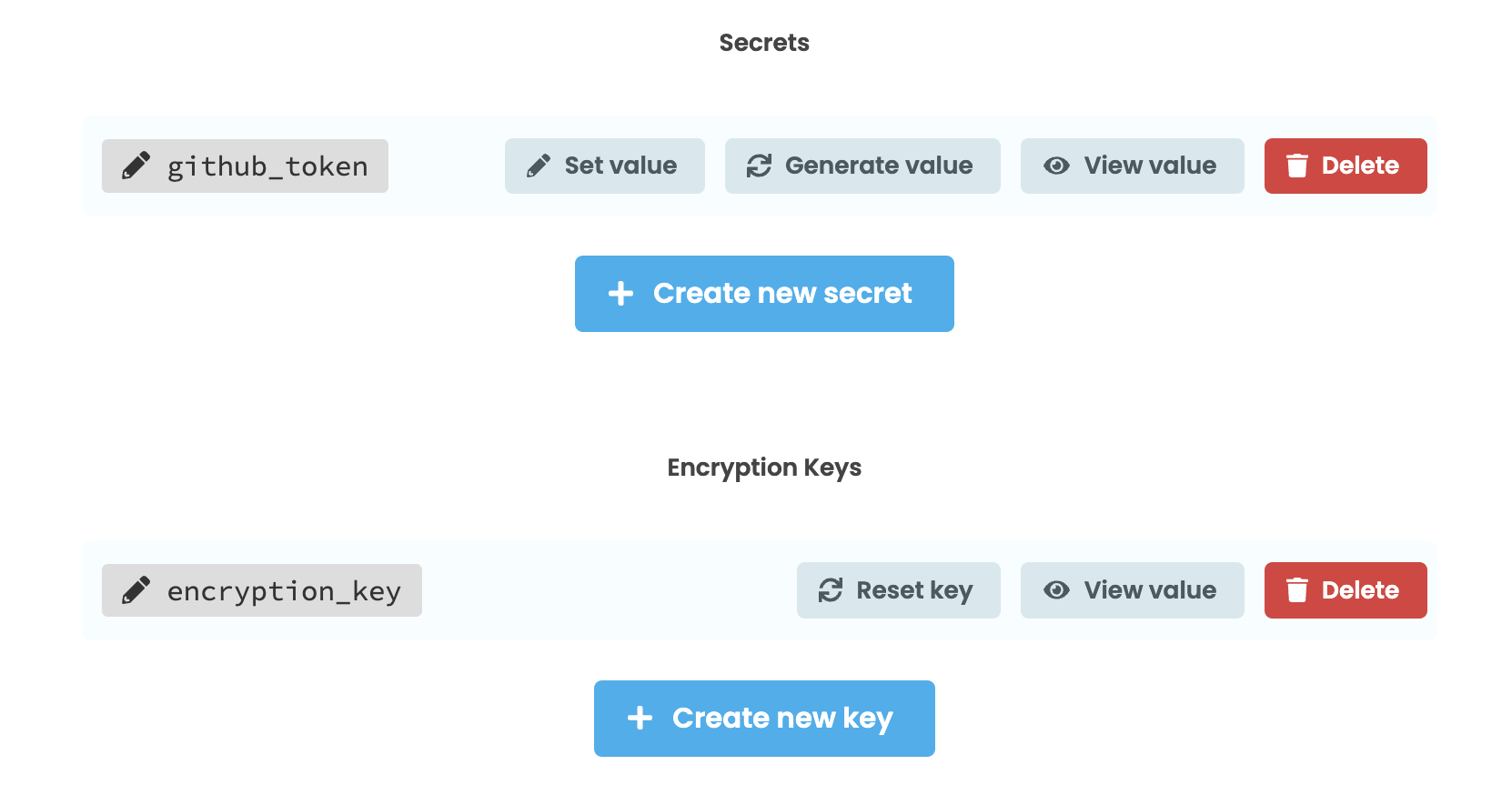 The Anvil Secrets Service view - a list of Secrets and of Encryption Keys, with buttons to create and delete each.