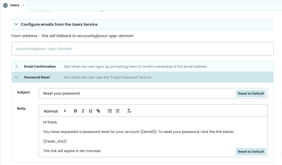 Configuring the password reset email from the Users Service