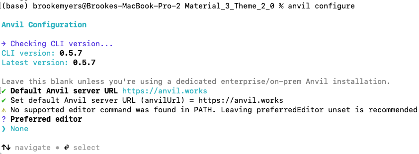 Screenshot of the terminal prompting the user to set their preferred editor