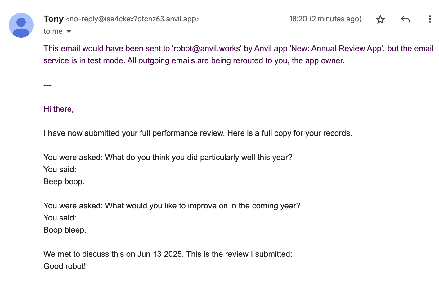 The employee gets an email for their own records.
