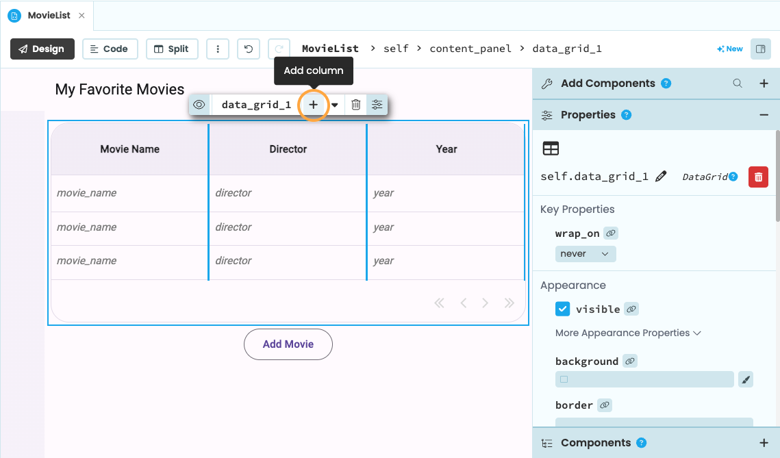 Location of the add column button in the Object Palette of the Data Grid