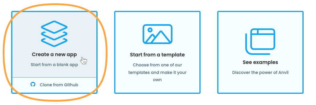 Screenshot of the Anvil Dashboard with the 'Create a new app' button highlighted