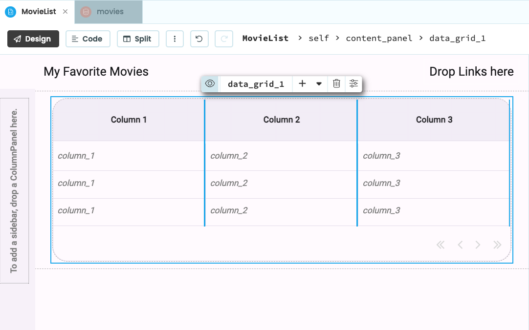 Screenshot of the MovieList Form with a title Label and an empty Data Grid