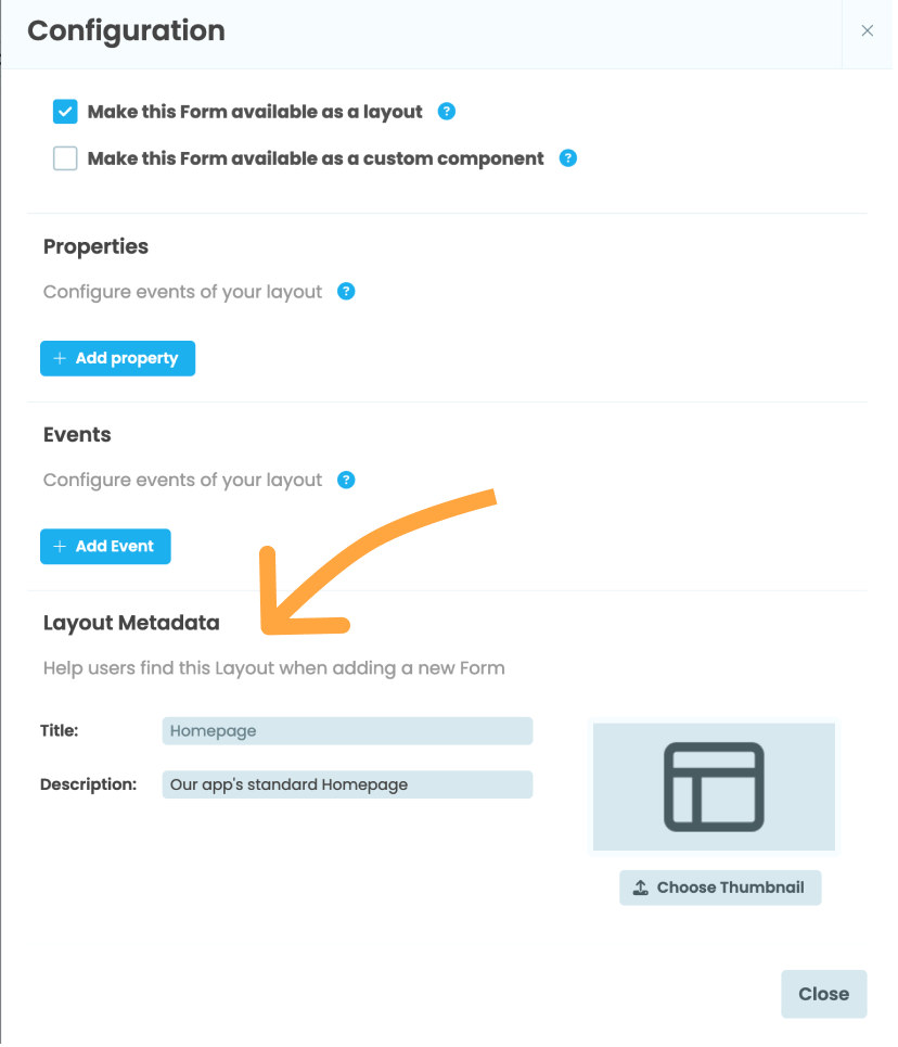 Screenshot of the form's configuration panel where you can edit the Layout's metadata