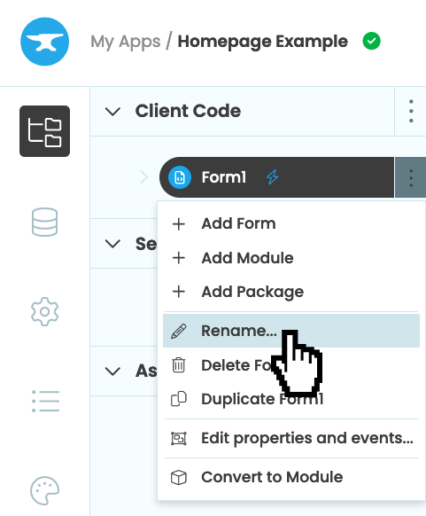 Screenshot of the App Browser showing the 'Rename' option for Form1