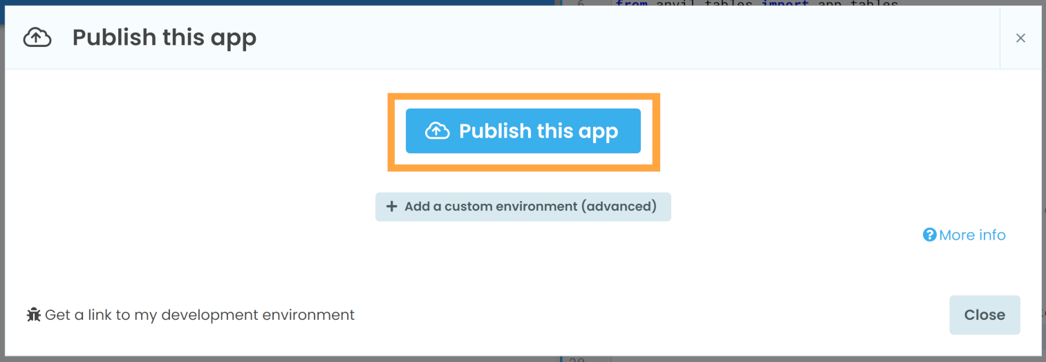 A screenshot of the 'Publish' dialog box, with 'Publish this app' highlighted in orange.